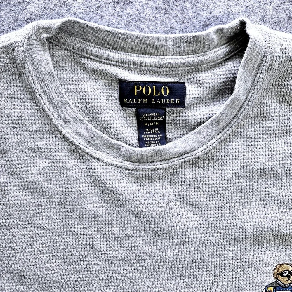 Polo Ralph Lauren Mens Gray Waffle Knit Skiing Polo Bear Thermal Shirt Size M